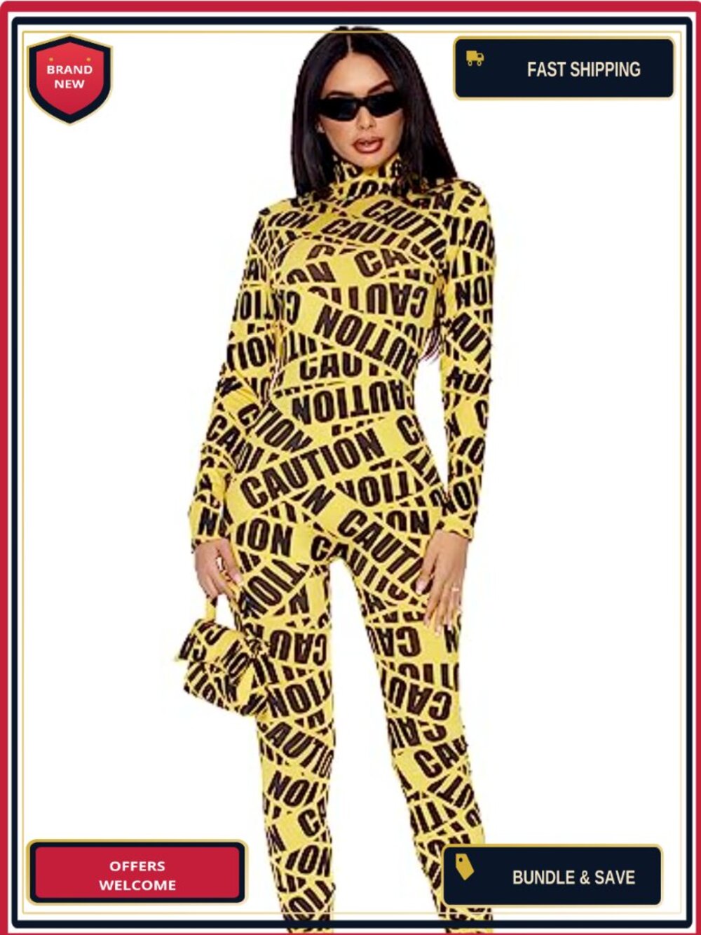 Sexy Caution Tape Costume Jumpsuit Glasses Bag